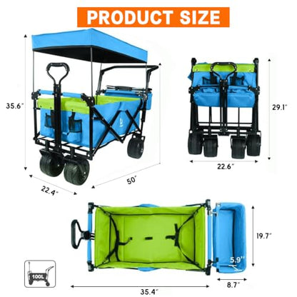 Foldable Wagon with Removable Canopy & Cooler Bag - Heavy Duty Collapsible Wagon Utility Cart with 4" All-Terrain Wheels for Camping, Beach, Garden - color: Blue-green