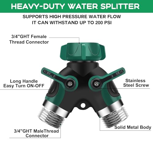 Garden Hose Splitter 2 Way, 3/4" Y Water Hose Splitter with Comfort Rubber Long Handle, Faucet Splitter, Heavy Duty Metal Connector with 2 Kink Free Faucet Extension Hose Protector - color: Hose Splitter With 2 Kink Free