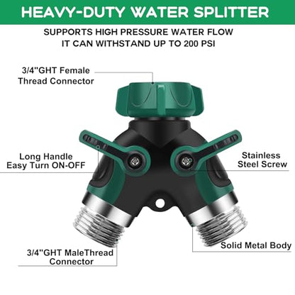Garden Hose Splitter 2 Way, 3/4" Y Water Hose Splitter with Comfort Rubber Long Handle, Faucet Splitter, Heavy Duty Metal Connector with 2 Kink Free Faucet Extension Hose Protector - color: Hose Splitter With 2 Kink Free