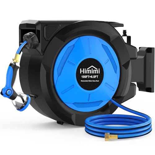 Retractable Garden Hose Reel, 1/2 Inch x 100 ft + 6.6 ft Heavy Duty Wall Mounted Hose Reel with 10 Patterns Nozzle, Any Length Lock, Upgraded Slow Return System, 180°Swivel Bracket and UV Resistant - size: 100 Ft