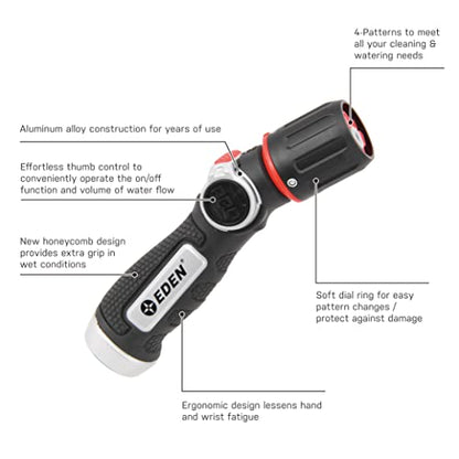 Eden PRO Metal Straight 4-Pattern Hose Nozzle: Thumb Operated, Turbo Spray - style: Straight Thumb Control