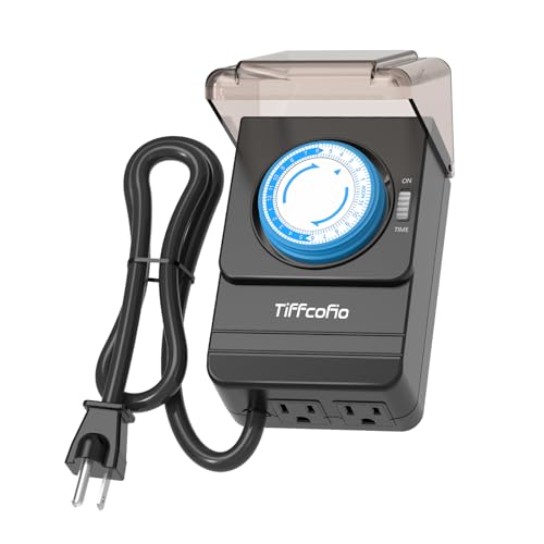 TiFFCOFiO Outdoor Heavy Duty Mechanical Timer Outlet Waterproof, 15 Minutes Intervals, 24 Hour Outdoor Pool Pump Timer with 2FT Cord, 2 Grounded Outlets for Outdoor Lights, 15A/1875W