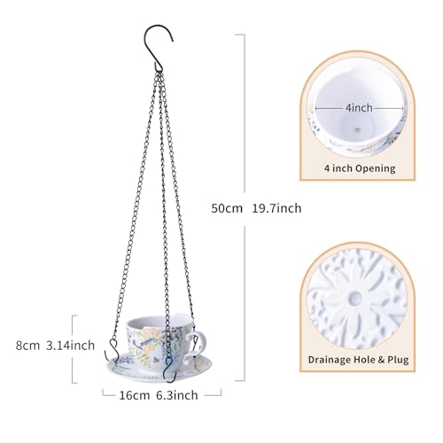 TEATALK Hanging Planters for Indoor Plants, Ceramic Pots with Drainage Hole, 4 Inch Hanging Planter with Chain, Outdoor Hanging Baskets for Plants, Birds & Flowers, Cup Shape - style: Flowers Birds