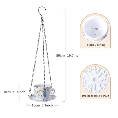 TEATALK Hanging Planters for Indoor Plants, Ceramic Pots with Drainage Hole, 4 Inch Hanging Planter with Chain, Outdoor Hanging Baskets for Plants, Birds & Flowers, Cup Shape - style: Flowers Birds
