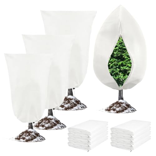 8 Pack 3 Sizes Plant Covers Freeze Protection w Zipper & Drawstring, White - color: White