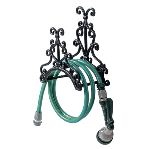 MyGift Brown Heavy Duty Cast Iron Outdoor Garden Hose Hanger Wall Mounted Water Hose Holder Reel with Vintage Scrollwork Design (Floral Pattern) - style: Floral Pattern