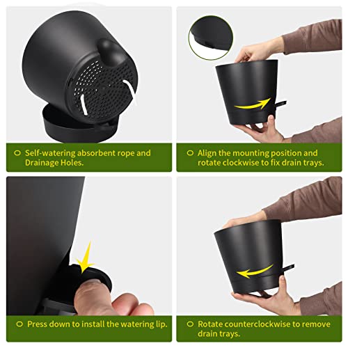 8 Inch Self Watering pots for Indoor, 6 Pack Plastic Plant Pots with Drainage Holes, Black