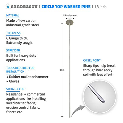 Sandbaggy 18 Inch Circle Top Pins | Industrial Grade 6 Gauge Steel | Great for Hard & Rocky Soil | Holds 10X Better | Landscape Staples SOD Garden Stakes Weed Barrier (18 Inch - 20 Pcs) - size: 18 Inch - 20 Pcs