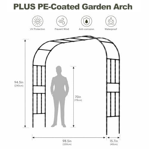 Garden Arch, 98.5’’x94.5’’ Arbor Trellis, Garden Arch Trellis for Climbing Plants Outdoor, Arbor for Flower, Climbing Vine Vegetable, Fruit and Lawn(Black) - color: 99'' L/Black, size: Double-Sided/95'' H