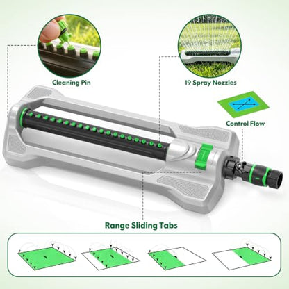 Heavy Duty Oscillating Sprinkler for Yard, Metal Base, 19 Nozzles