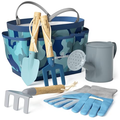 Gardening Set, Tool Kit, for Kids, STEM, Includes Tote Bag, Spade, Watering Can, Rake, Fork, Trowel and Gloves (Camo Quest) - color: Camo Quest