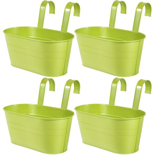 OBTANIM 4 Pack Metal Hanging Flower Pots Iron Railing Planter Outdoor Fence Hanging Pots Bucket Plant Holder with Detachable Hooks Drain Holes for Home Garden Yard Decor (Green) - color: Green