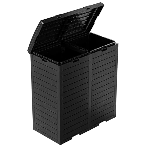 PatioZen 62 Gallon Outdoor Double Trash Can, Waterproof Trash Can Cabinet for Outside, Resin Garbage Bin with Lid and Drip Tray for Easy Cleaning for Patios, Kitchens（Black） - color: Black, size: 62 Gallon