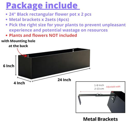 LaLaGreen Railing Planter Box (24 Inch, 2 Pack) Black Metal Rectangular Hanging Flower Boxes with Brackets, Deck Railings Planters for Outdoor Plants Fence Over Rail Balcony Patio Porch Stylish Garden - size: 24" x 2 Pack