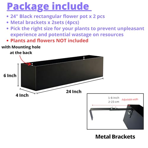 LaLaGreen Railing Planter Box (24 Inch, 2 Pack) Black Metal Rectangular Hanging Flower Boxes with Brackets, Deck Railings Planters for Outdoor Plants Fence Over Rail Balcony Patio Porch Stylish Garden - size: 24" x 2 Pack