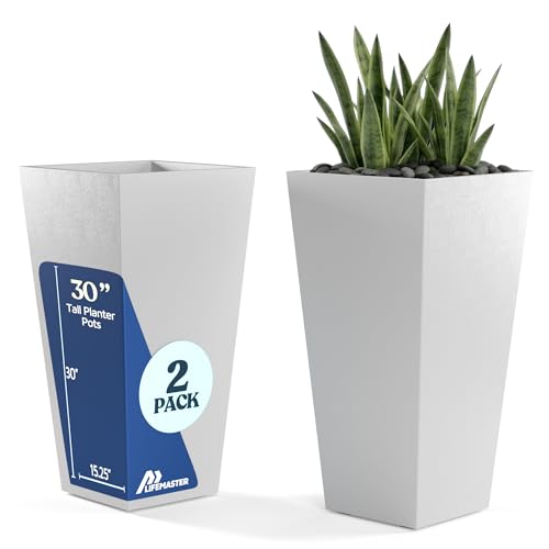 Resin Tall Tapered Planter Pot 30 Inch (Set of 2) Heavy-Duty Indoor & Outdoor Large Planter for Trees & Plants, with Removable Insert Shelf & Drainage, Pot for Front Door, Patio & Home Décor, White - color: White, size: Pack of 2