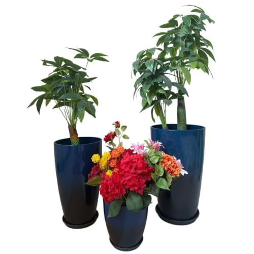 24,21,11 Inch Large Plastic Planters with Drainage Hole and Saucer - Set of 3 Tall Plant Pots Indoor Flower Pot Tall Round Planters Outdoor Large Tall Planter - color: Dark Blue & Black