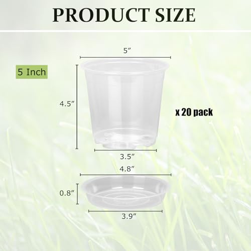 20 Pack 5 Inch Clear Nursery Pots with Drainage and Saucer, Clear Plastic Planter Pots for Plants, Flexible Seed Starting Pots for Succulents, Small Herbs, Annual Flowers (5 Inch) - size: 5 Inch