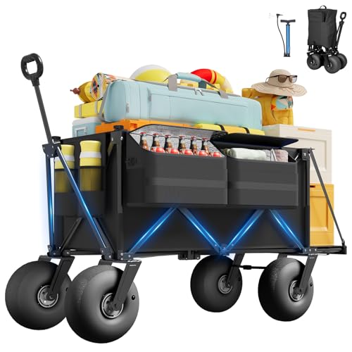 Beach Wagon with Big Wheels for Sand - 450lbs Load Heavy Duty Wagons Carts Foldable with 9" All Terrain Inflatable Tires, Collapsible Beach Cart for Grocery Shopping Garden Sports Camping Outdoor - color: Black