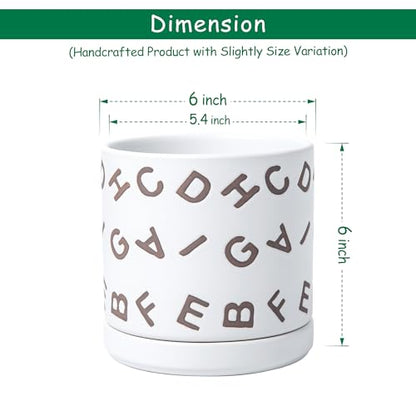 D'vine Dev Set of 2 Ceramic Planter Pots with Drainage Hole and Saucer, 6 Inch Plant Pots for Plants Indoor Houseplants, White, 99-Z-G-1-Y - size: 6", style: Letters White
