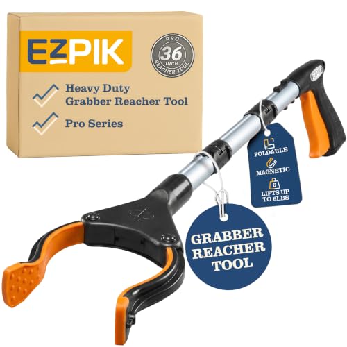EZPIK Pro 36" Flexible Folding Grabber Tool for Elderly + Magnets, Reacher for Disabled & Seniors Heavy Duty Rotating Grippers for Reaching Underneath, Trash Grabbers & Dressing Stick - color: Silver, size: 36" - 1 PK