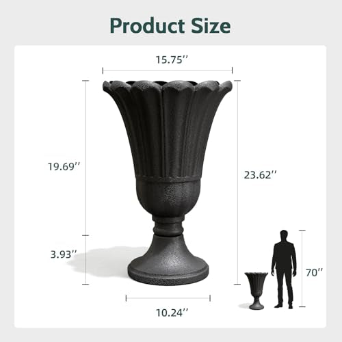Tall Plastic Urn Planters and Pedestal - 24" Outdoor Planter Black - color: Black-petal