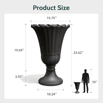 Tall Plastic Urn Planters and Pedestal - 24" Outdoor Planter Black - color: Black-petal