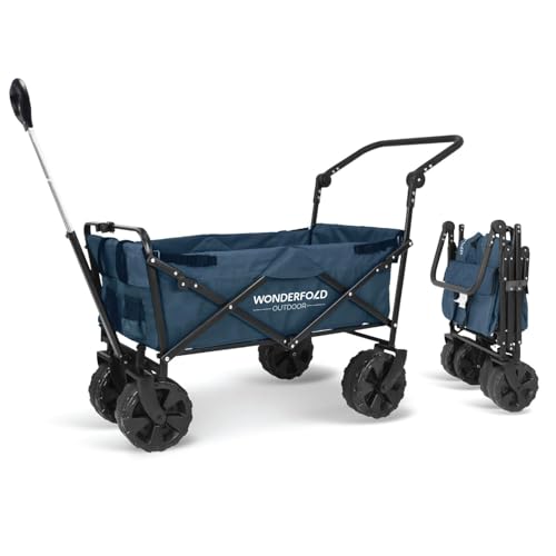 WONDERFOLD S2 Push & Pull Folding Utility Cart with Wide Beach Tires, Adjustable Push Handle, Telescopic Pull Handle with Spring Bounce Technology & Storage Pouch, Blue - color: Blue.