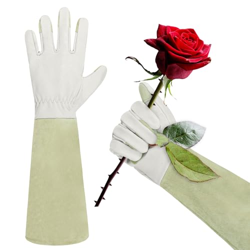 HANDLANDY HLDD Long Gardening Gloves for Women Men - Leather Rose Pruning Gloves Thorn Proof - Breathable Working Glove - color: Beige, size: Small