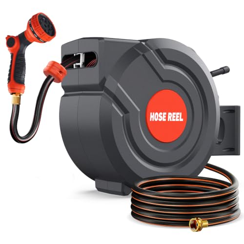 5/8 Inch 115FT Retractable Garden Hose Reel,Wall Mounted Retractable Hose Reel with 9-Pattern Nozzle, 180° Swivel Auto Rewind, Any Length Lock Water Hose Reel for Yard Garden Car Washing - size: 115ft 5/8 Inch