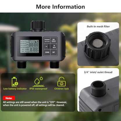 Uzoli 2-Zone Sprinkler Timer for Garden Hose, Programmable Water Timer