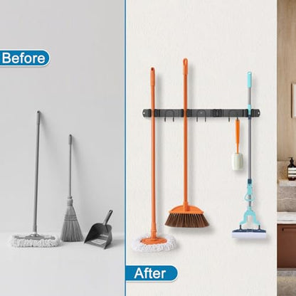 Broom Holder Wall Mount, Stainless Steel Mop Hanger with 4 Slots 6 Hooks, Tool Storage Wall Organizer for Kitchen Garden Garage Laundry Room Bathroom and RV, Black 1-Pack - color: Black-1 Pack