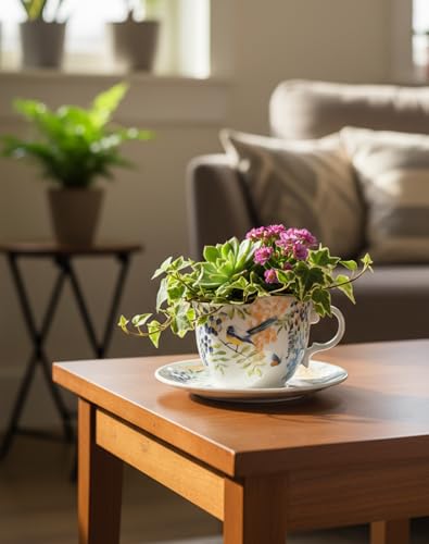 TEATALK Hanging Planters for Indoor Plants, Ceramic Pots with Drainage Hole, 4 Inch Hanging Planter with Chain, Outdoor Hanging Baskets for Plants, Birds & Flowers, Cup Shape - style: Flowers Birds