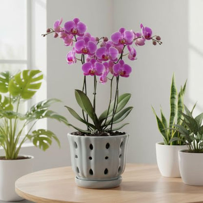 Ceramic Orchid Pot with Attached Saucer and Drainage Hole 6'' Gray - color: Gray