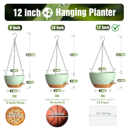 12 Inch Large Self Watering Hanging Planters 2 Pack with Saucers - color: Green Brown, size: 12 Inch 2 Pack
