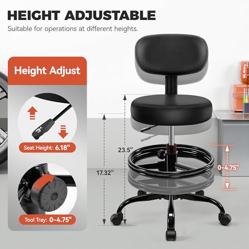 BestGlory Shop Stool with Wheels for Garage, Mechanics Rolling Chair with Backrest, Adjustable Height Heavy Duty Garage Stool with Footrest and Storage Tray, Swivel Task Chair for Workshop Salon - color: Black