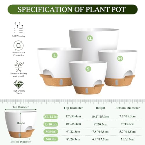 Plant Pots, 4 Pack 12/10/9/8 Inch Self Watering Pots with Drainage Holes, Water Level Indicator Deep Reservoir, Large Planters for Indoor Outdoor Plants - White Brown - color: White Brown, size: 12+10+9+8 inch Set