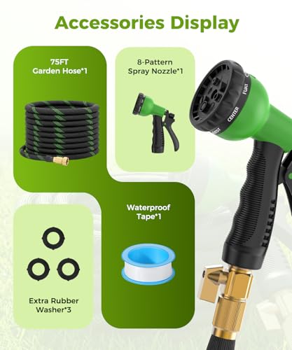 75ft Garden Hose，Non-Expandable Water Hose with 8 Function Spray Nozzle, Burst-Resistant，Kink-Free，Lightweight，Durable & Flexible 3/4" Garden Hose for Gardening, Yard，Lawn, Car Washing - size: 75ft-1