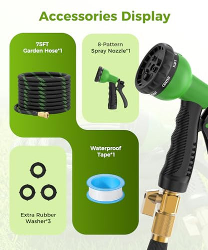 75ft Garden Hose，Non-Expandable Water Hose with 8 Function Spray Nozzle, Burst-Resistant，Kink-Free，Lightweight，Durable & Flexible 3/4" Garden Hose for Gardening, Yard，Lawn, Car Washing - size: 75ft-1