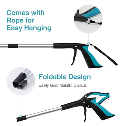 Grabber Reacher Tool 2-Pack, 32" Folding Reacher Grabber Pickup Tool with Magnets, Lightweight Grabbers for Seniors, Trash Grabber Tool with 90°Rotating Head - color: Light Blue