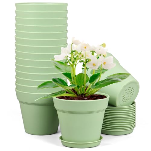 Meowell 6 inch Plastic Nursery Pots, 16 Pack Plant Pots for Small Indoor Outdoor Plants, Flower Pots with Drainage Holes and Saucers, Decorative Seeding Starter Planters for Houseplants, Green - color: Green, size: 6inch 16pcs