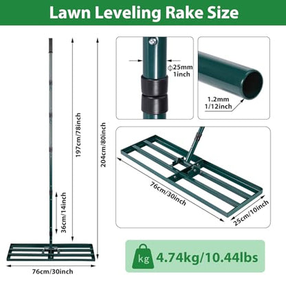 Lawn Leveling Rake,Stainless Steel Lawn Leveler with 30”x10” Ground Plate, 78” Adjustable Long Handle, Level Yard Tool for Grass, Golf Field, Level Soil or Dirt Ground Surfaces-Green - style: 30"x10" Medium