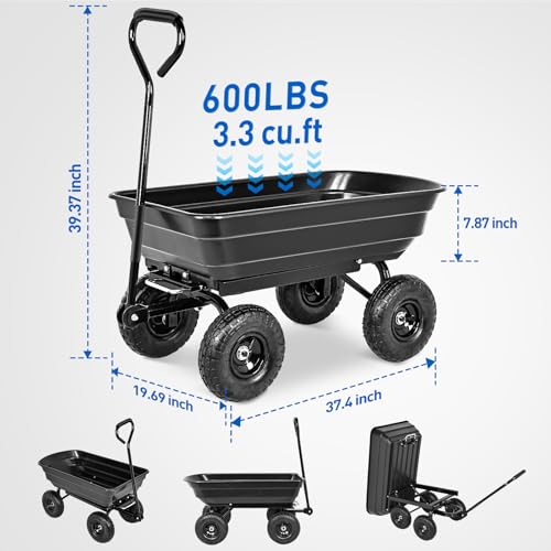 Yesker Garden Carts - 600lbs Dump Wagon with All Terrain Inflatable Wheels for Yard Lawn Farms Gardening - Heavy Duty Utility Outdoor Hauling Wheelbarrow - size: PVC 600Lbs