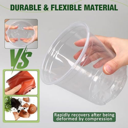 8 Inch Clear Nursery Pots with Drainage Holes and Saucers, 6 Pack Clear Pots for Plants Variety Pack, Seedling Pots for Succulents, Herbs, Flowers, Vegetables - size: 8 inch