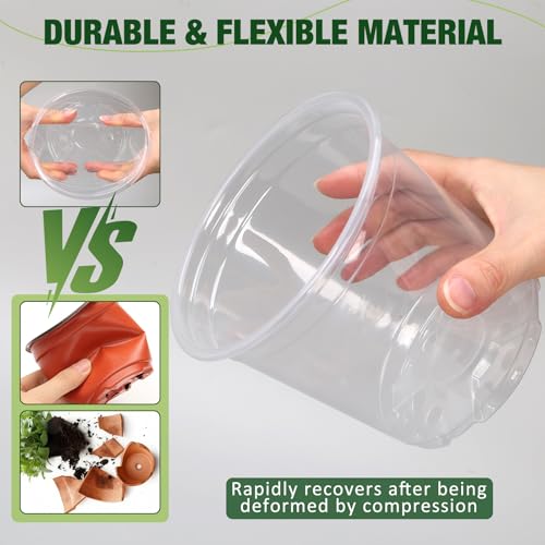 10 Inch Clear Nursery Pots with Drainage Holes and Saucers, 5 Pack Large Clear Pots for Plants Variety Pack, Seedling Pots for Succulents, Herbs, Flowers, Vegetables - size: 10 inch