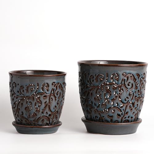 Orchid Pots with Holes, Ceramic Planter Flower Pot for Orchids Indoor Outdoor with Drainage and Saucer, Macetas para Orquídeas,Large 6.5 Inch, 5.3 Inch (Blue) - color: Blue
