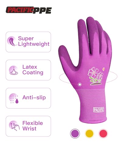 PACIFIC PPE 3 Pairs Gardening Gloves for women, Rubber Coated Garden Gloves, Ladies Yard Work Gloves, Breathable, Purple & Yellow & Red, Medium - color: Purple+yellow+red, size: Medium (Pack of 3)