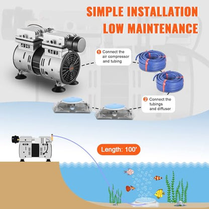VEVOR Pond Aerator, 550W Power, 5.2CFM for Up to 3 Acre 50' Lake, Includes 3/4 HP Compressor & 2 100' Weighted Tubings & 2 Diffusers, Air Compressor for Deep Water Oxygen Circulation - size: 2 diffusers