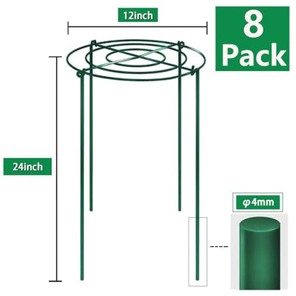 TCBWFY 8 Sets Peony Support Cage, 12" Dia x 24" High, Heavy Duty Metal Plant Support, Grow Through Hoops Grids, 4mm Legs, Green, Round - size: 12"DX24"H-8PCS