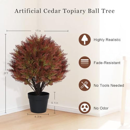 24" Fall Topiary Artificial Outdoor Plants, Faux Cedar Bushes & Shrubs - color: Red Green Mix Cypress